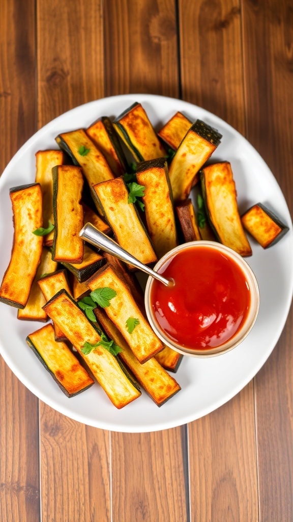Crispy Baked Zucchini Fries Recipe Crispy baked zucchini fries on a plate with marinara sauce, garnished with herbs.